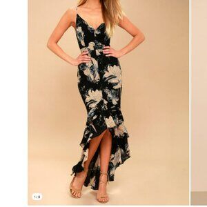 Black Floral Print High-Low Maxi Dress